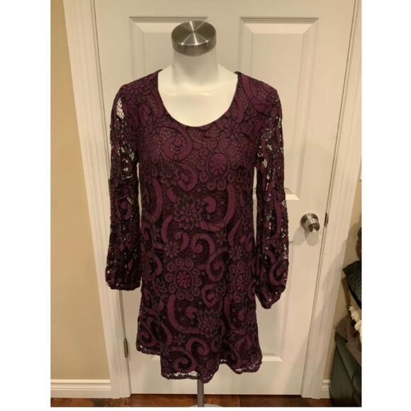 Anthropologie Sunday in Brooklyn Joy Purple with Black Lace Long Sleeve Dress XS - Picture 11 of 13